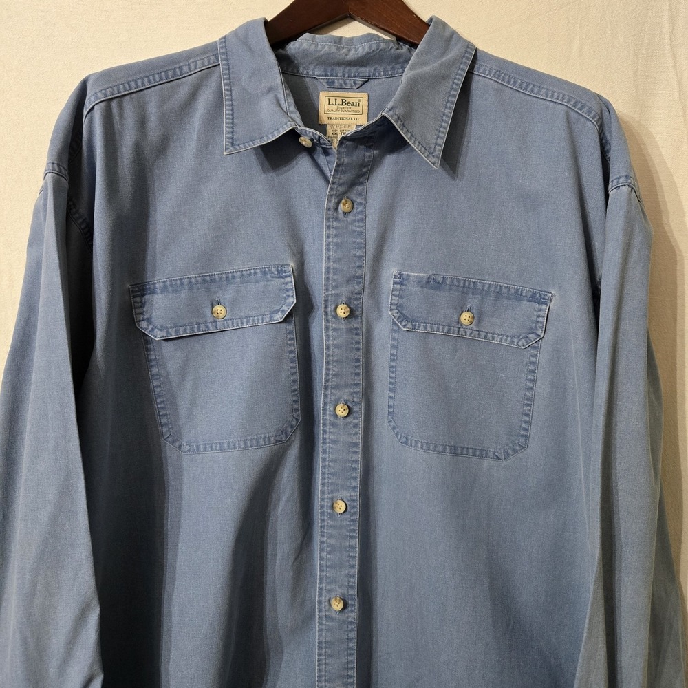 LL Bean Mens 2XLT Traditional Fit Long Sleeve LTE‎ Denim Blue Shirt 100% Cotton